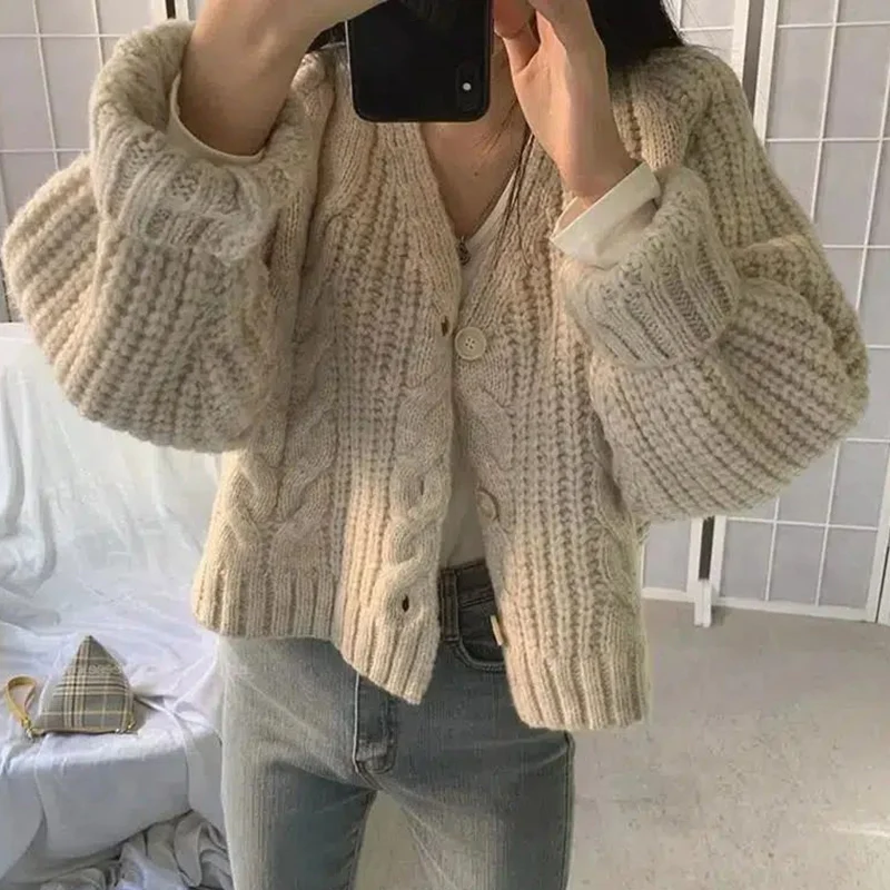 Korean Fashion Cropped Twist Cardigan Women 2024 Chic Long Sleeve Knitted Cardigans Woman Solid Color V Neck Sweater Jackets