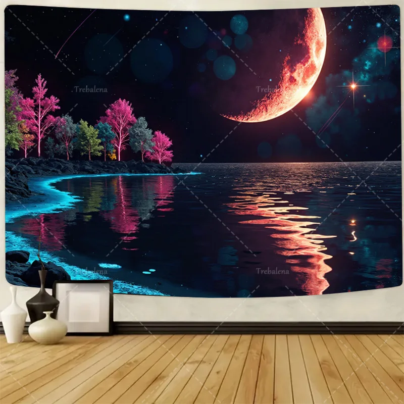 

1pc Wall Tapestry "Galactic Moonlit Night Tapestry - Cosmic Landscape with Reflective Water and Trees"