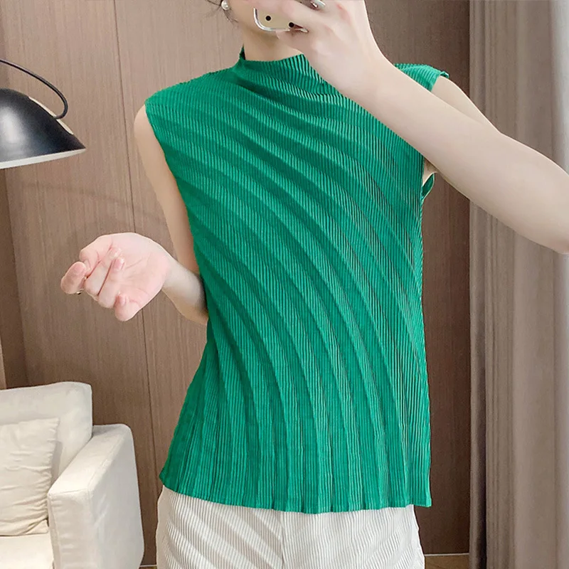 Moda tinta unita versatile 2025 estate nuovo Miyake pieghettato senza maniche girocollo top pantaloni casual abito da donna in due pezzi