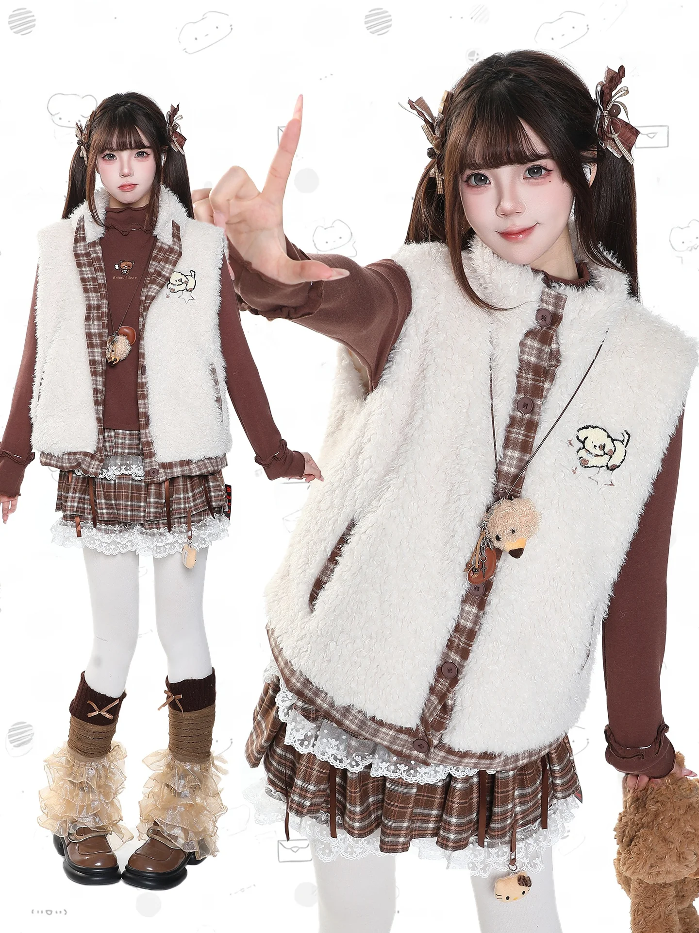 Cute Bear Plaid Lamb Velvet Embroidery Tank Top Women's Winter Color Block Layering Thickened Anti-Aging Cotton Jacket