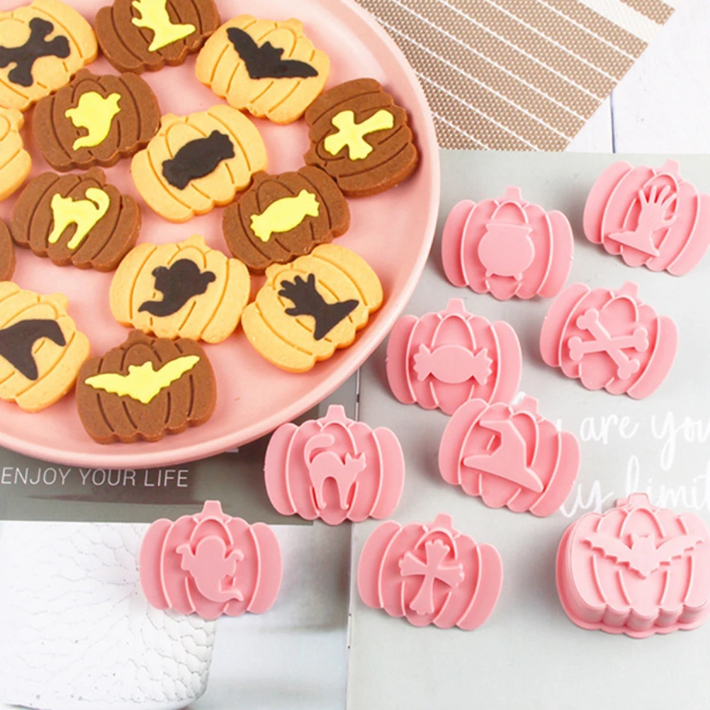 

9Pcs 3D Cookie Cutters Halloween Pumpkin Biscuit Mould Fondant Baking Tool Baking Molds DIY Hand Press Biscuit Stamp