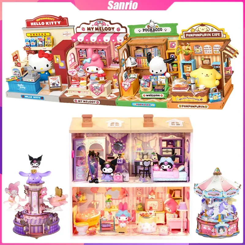 Sanrio blocos de construção de madeira diy casa caixa de música decoração de mesa quebra-cabeça montagem modelo brinquedos presentes de aniversário para crianças