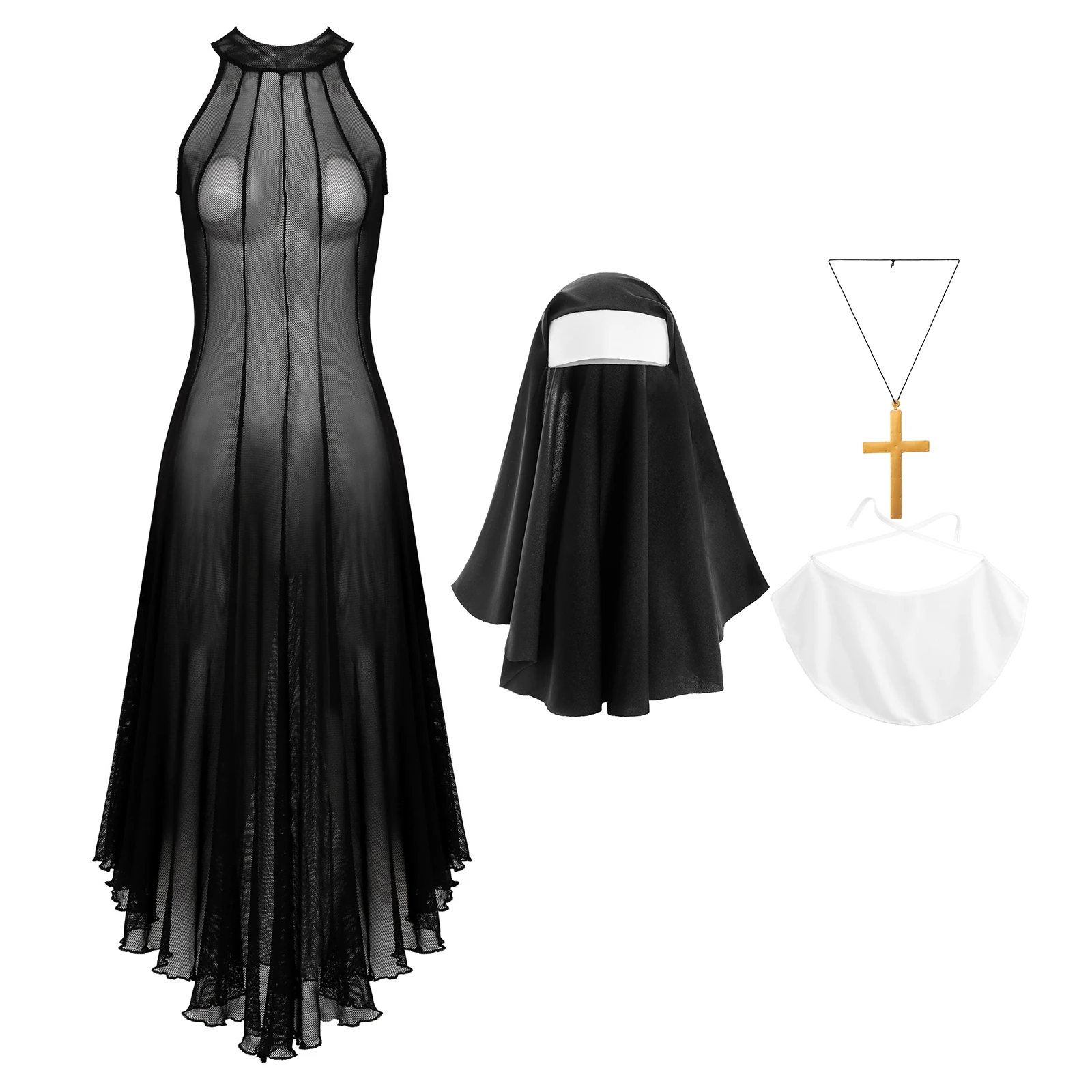 Halloween Womens Nun Cosplay Costumes See-Through Mesh Dress Punk Sleeveless Black Dresses with Headscarf Collar Cross Necklace