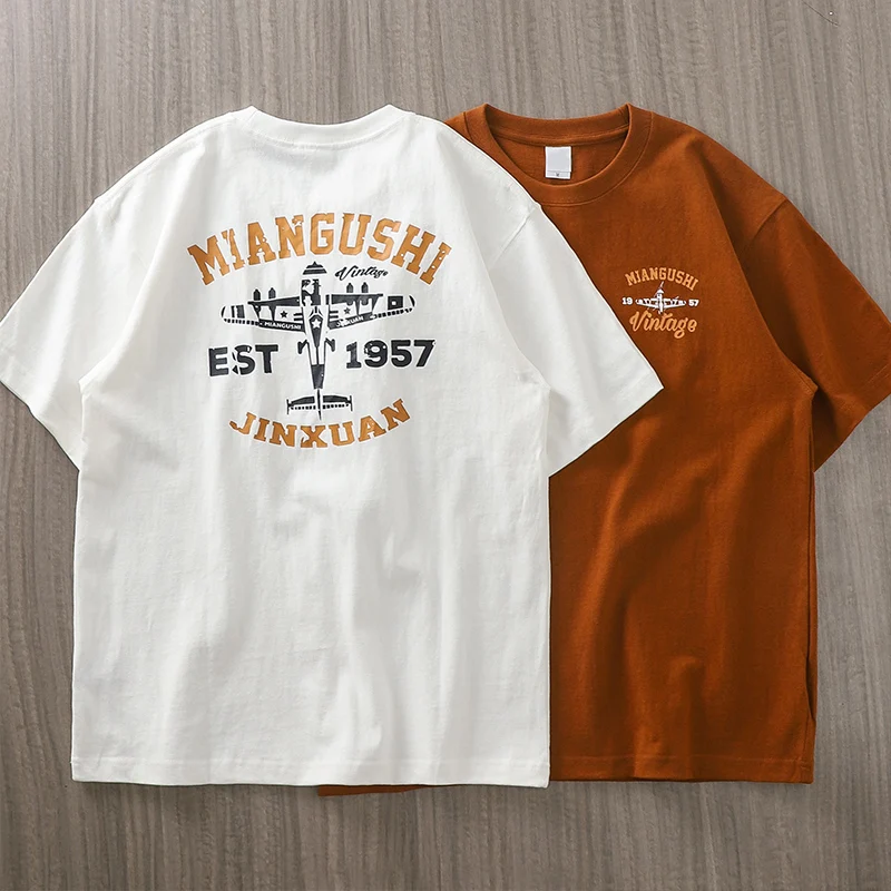 Dukeen 320g Heavyweight Short Sleeved T Shirt Men Summer Vintage Aeroplane Printing 100% Cotton Casual Tops Unisex