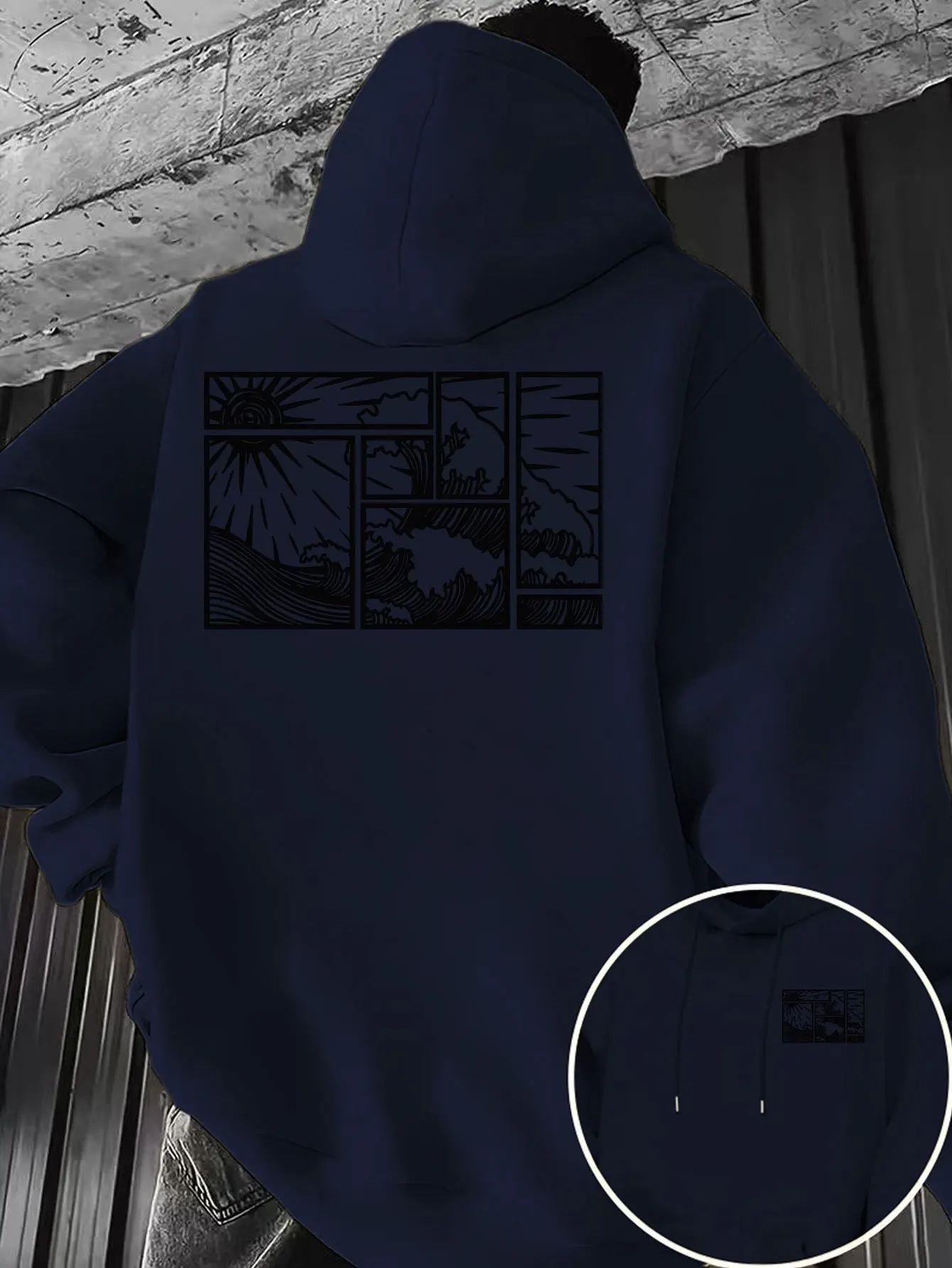 Japanese Wave Line Splicing Print Men Hooded Sweatshirt Autumn and Winter Daily Outdoor Sports Loose Leisure Warm Street Style