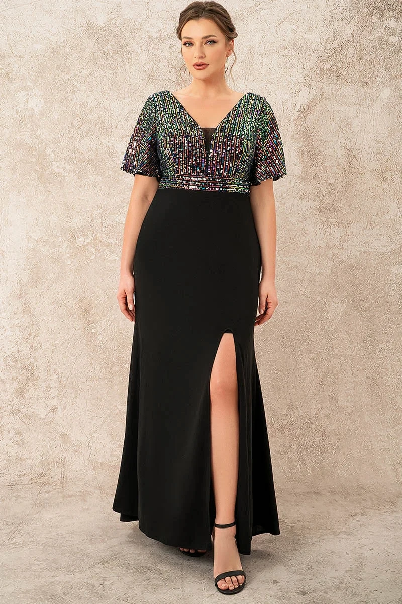 

Flycurvy Evening Gowns Colourful Sequin V-neck Elegant Long Dress Black High Split Bodcon Maxi Dress