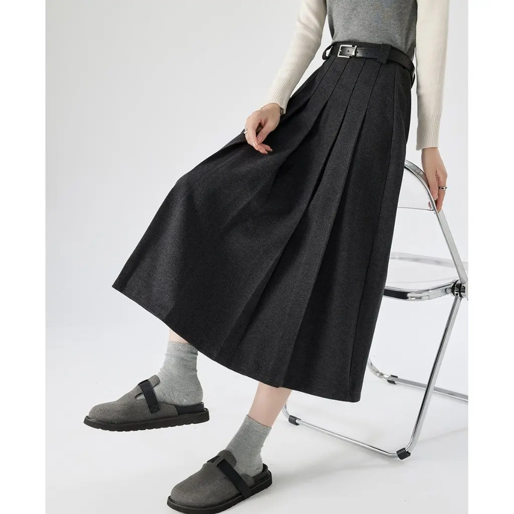 

Women's High-Waist Slim Woolen Skirt Thickened Mid-Length Pleated Belt Style Retro Versatile Large Size for Autumn Winter