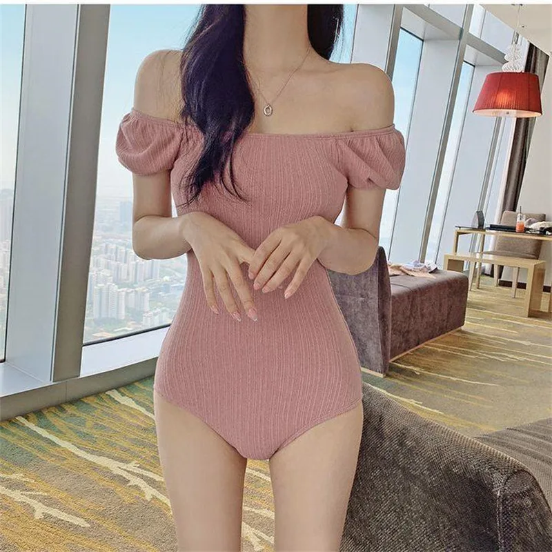 

2023 Korean Temperament Ladies Women Swimsuit New Solid Off Shoulder Sexy One Piece Beachwear Hot Spring Swimwear