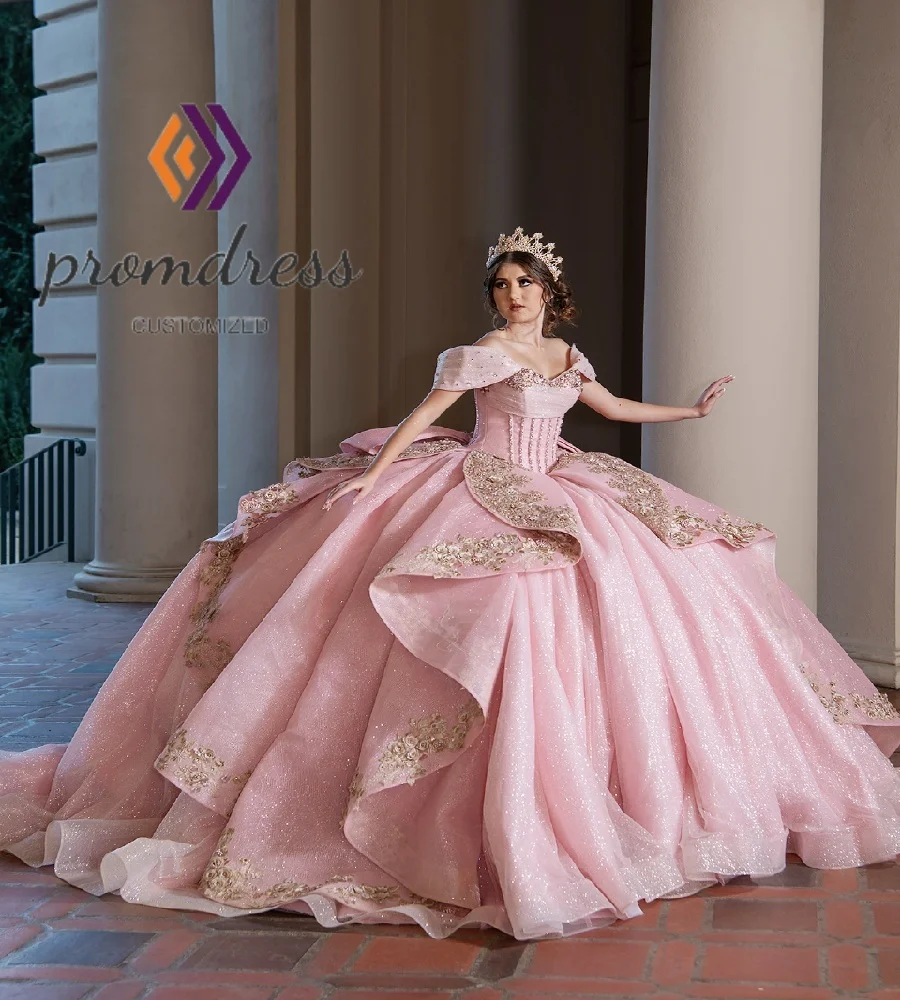 

Роскошное розовое платье Quinceanera, объемное блестящее пышное платье Vestidos De Xv Años, корсетное кружевное платье Sweet 16, торжественное платье на день рождения по индивидуальному заказу