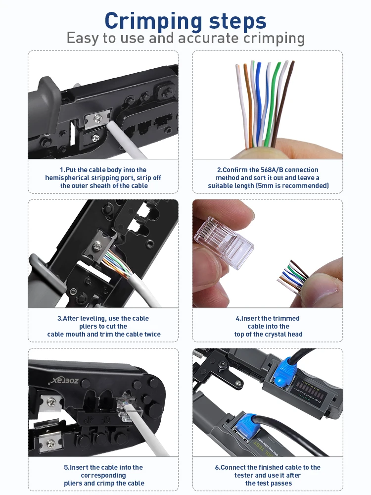 ZoeRax RJ45 RJ12 RJ11 Netzwerk-Crimpwerkzeug 8P6P4P Tester mit Abisolier-, Schneid-, Crimp- und Testfunktionen (Batterie nicht enthalten) – Detail 9