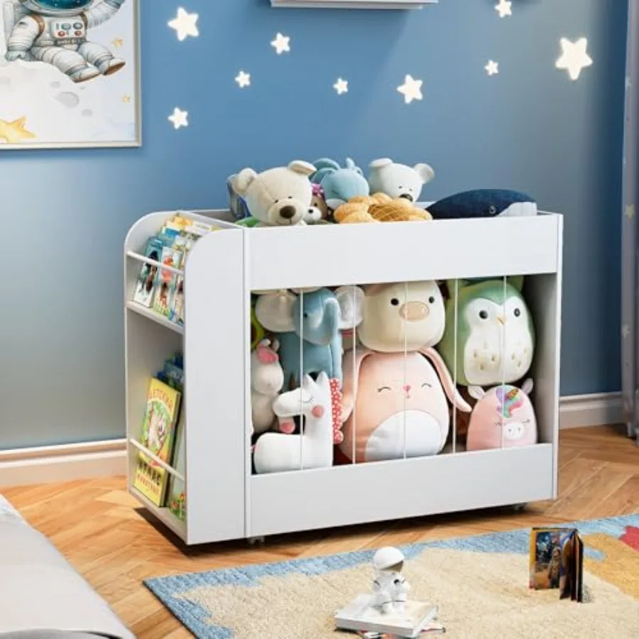 

3-in-1 Toy Storage Box with Bookshelf and Chalkboard Large Stuffed Animal Toy Chest on Wheels Toy Storage Organizer Bin for Roo