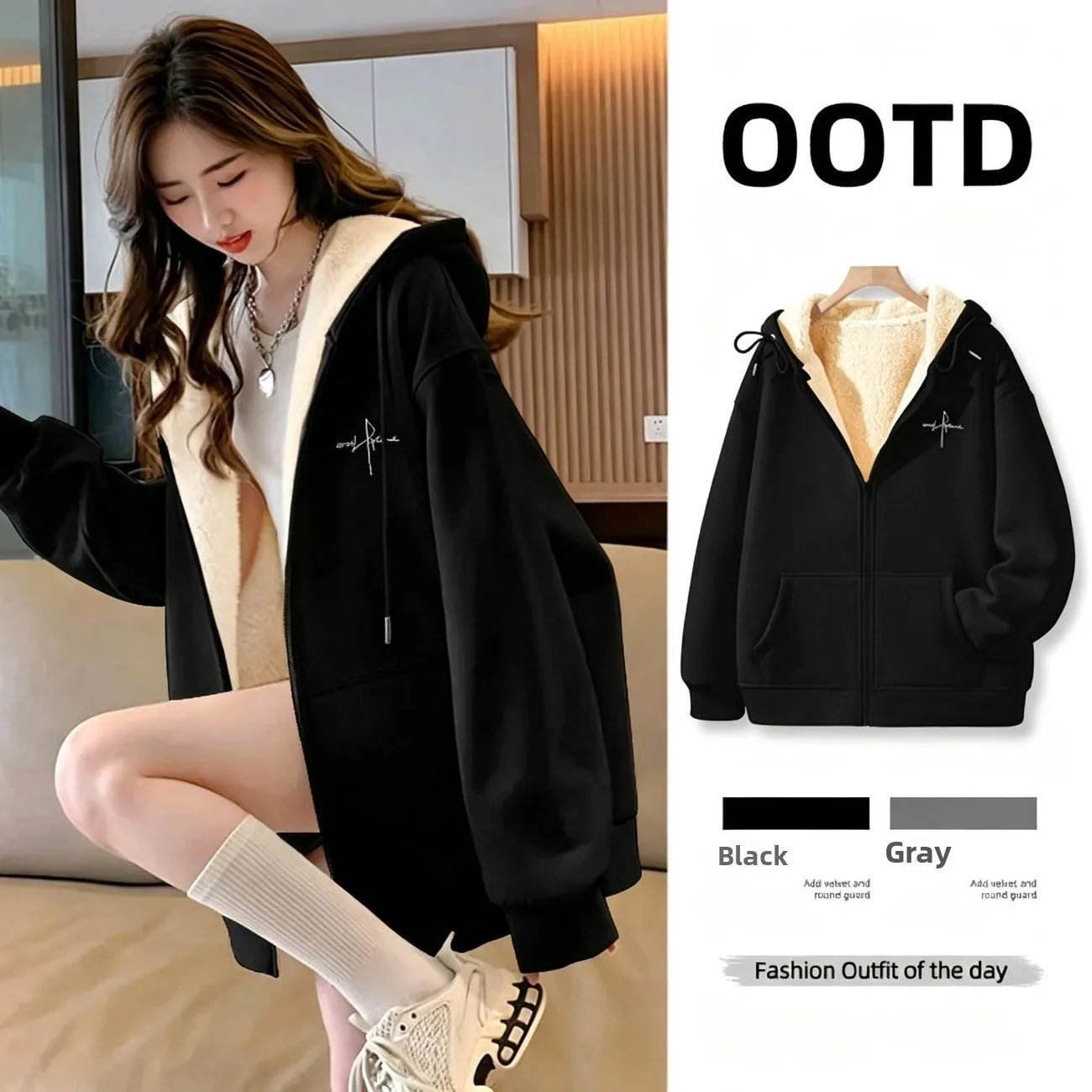 Lamb Velvet Hooded Jacket Women's Autumn Winter New Large Size Loose Casual Open Cardigan Sweatshirt Fleece Thick Warm Cotton...