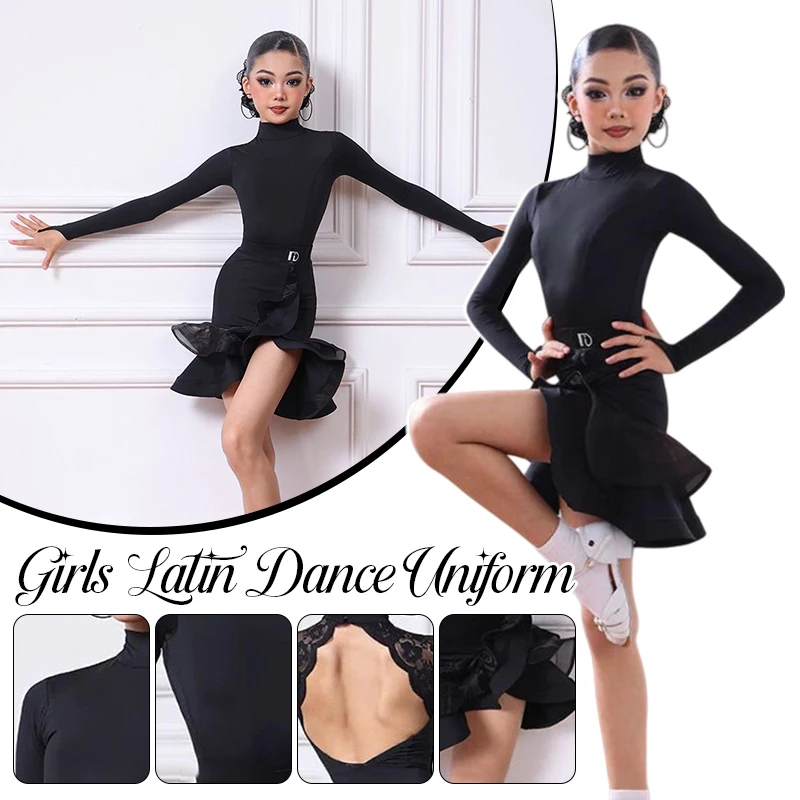 ชุดเต้นลาตินสำหรับเด็กผู้หญิง แขนยาว ผ้าตาข่าย เปิดหลัง สำหรับการแข่งขัน ชุดเต้นชาช่า แซมบ้า รุมบ้า ชุดเต้นบอลรูม