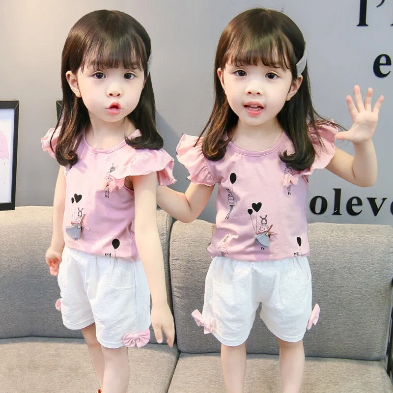 

Two-piece cotton girls' clothing suit summer vest sleeveless children's suit fashion girls' clothing suit casual flower suit 1-4