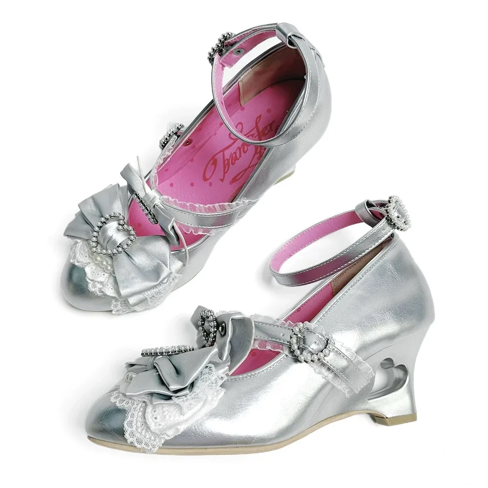 NONE Japanische rosa Schleife Liebe Ferse Sandalen Damen Oberbekleidung 2025, Sommer neue süße Lolita High Heel One-Wort Slipper Kawaii Mädchen Schuh 3