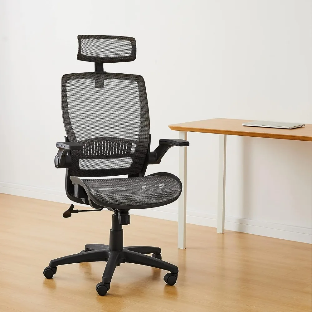 

Contoured Mesh Seat - Black Office Chair Ergonomic Adjustable High-Back Chair With Flip-Up Arms and Headrest Furniture