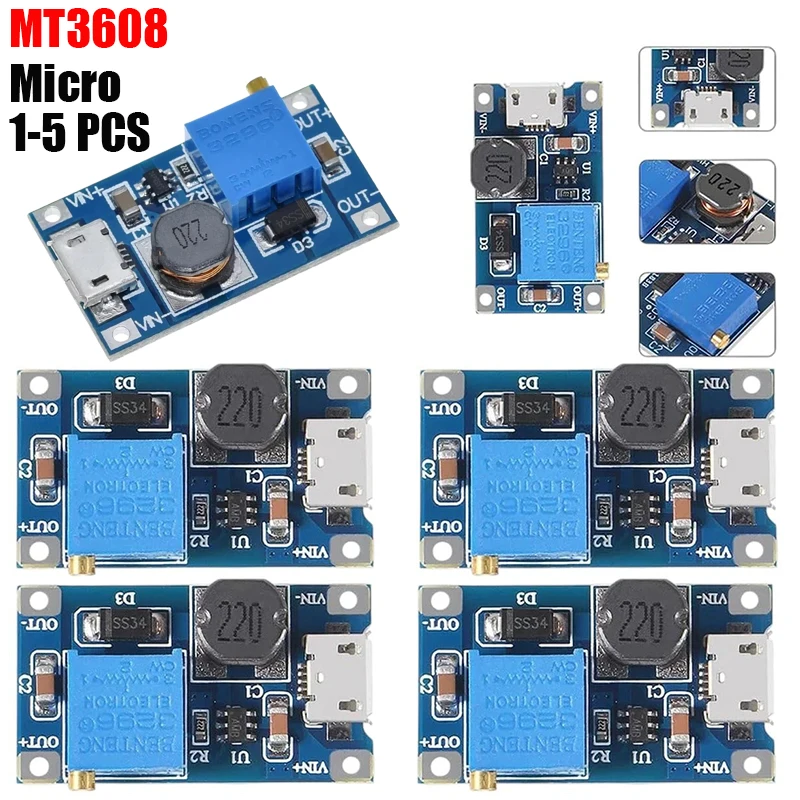 1-5PCS Mt3608 Micro DC-DC Boost Converter 2A ปรับ Step Up โมดูลแรงดันไฟฟ้า 2 V-24 V ถึง 5/9/12/28V สําหรับ Arduino