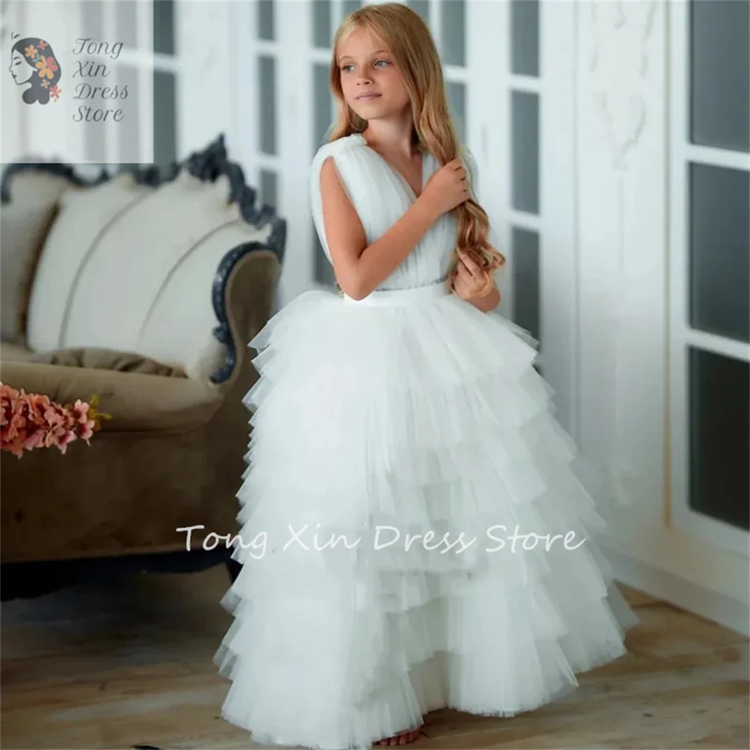 Flower Girl Dress Sleeveless V-Neck Princess Birthday Party Gown First Communion Ceremony roupas de florista