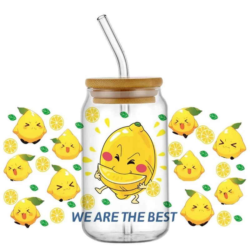 Cartoon Fruit Decal UV DTF Cup Wrap for 16oz Libbey Glasses Can DIY Lemon Design Waterproof Transfer Sticker