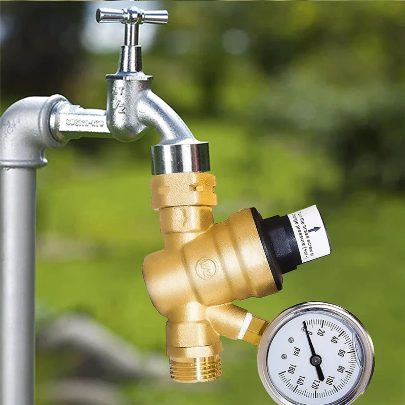 

RV Water Pressure Regulator Valve Brass With Gauge And Inlet Screened Filter For Camper Trailer