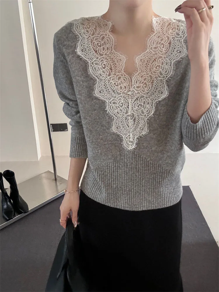 Women's V-neck Lace Sweater Spring Autumn Solid Color Splicing Pullover Tops French Fashion Elegant Female Knitted Top
