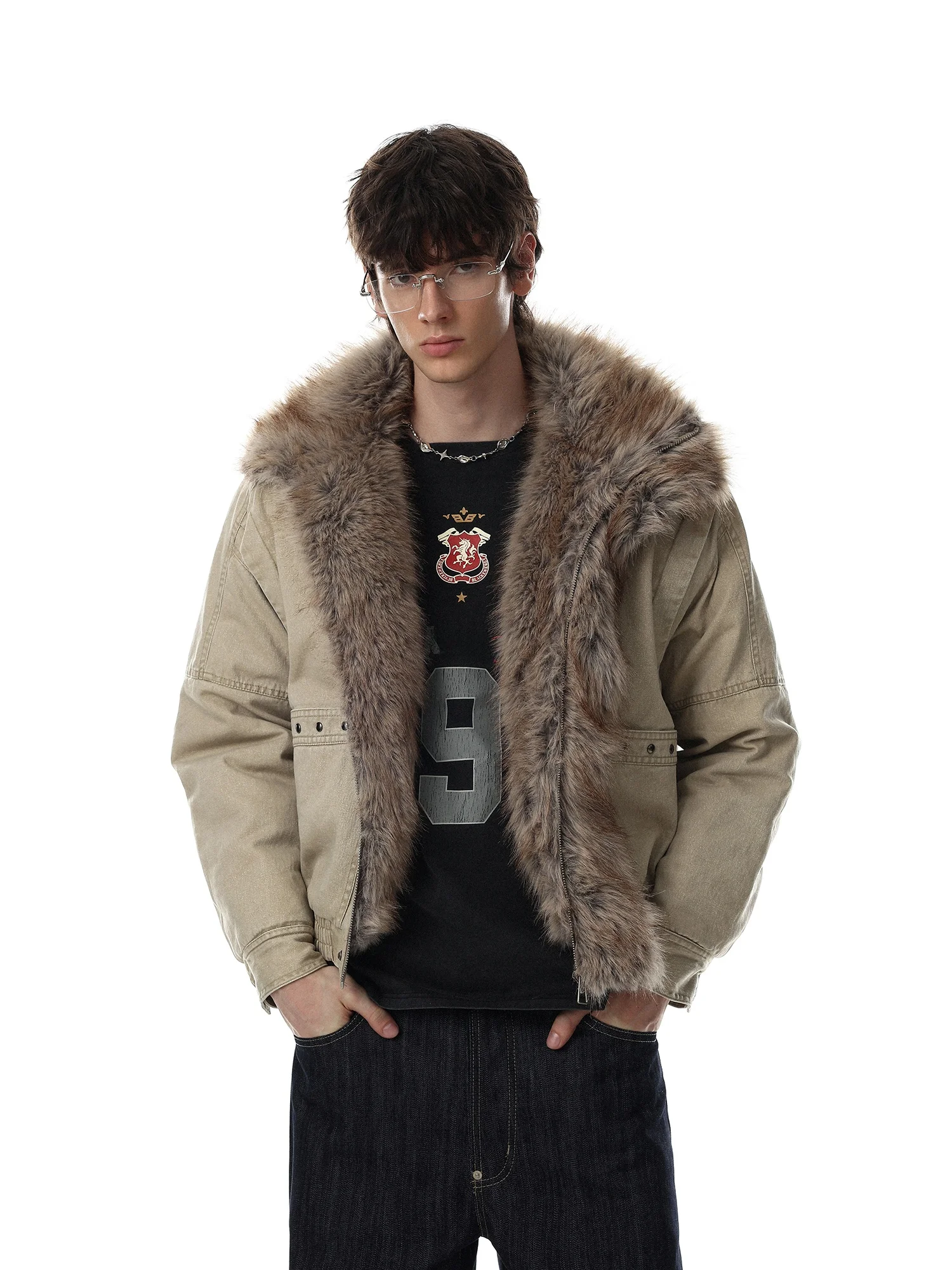 MR NEARLY American Retro Thickened Cotton Jacket Men's Warmth Assurance Fur Collar Rivet Design Casual Outerwear Coat