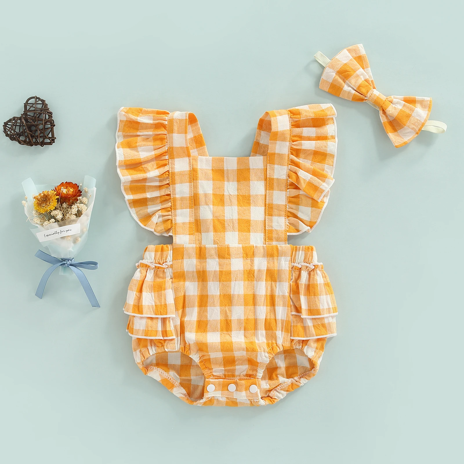 Infant Baby Girls Casual Romper Plaid Printed Sleeveless Ruffled Bodysuit with Headband Vintage Plaid Jumpsuits Girls Clothes