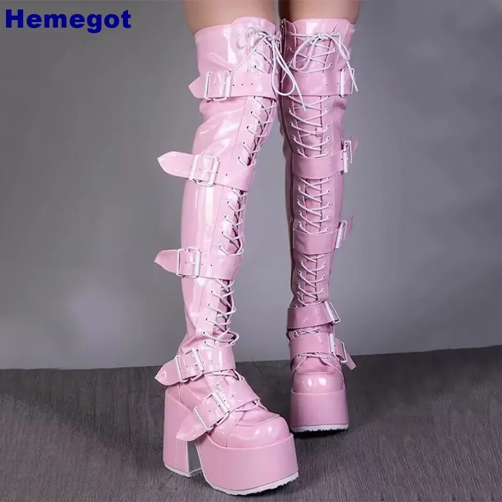 

Pink Platform Belt Buckle Women's Boots 2024 Autumn Round Toe Cross Strap Thick High Heels Fashion Overknee Street Knight Boots
