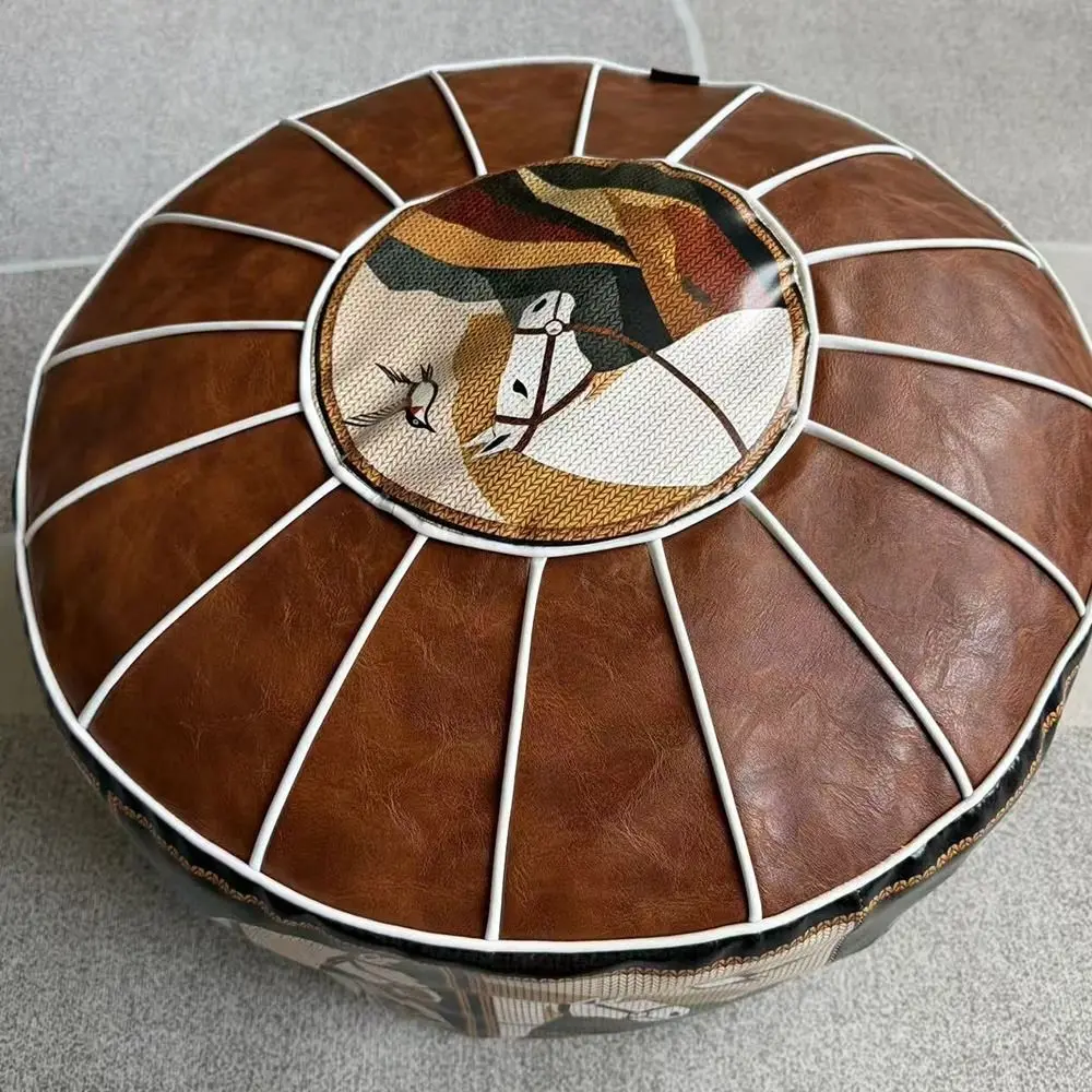New Boho Pattern Ottoman Pouf PU Leather Large Opening Storage Ottoman Water Resistant Fillable Design Round Pouf Cover Home Use view 4