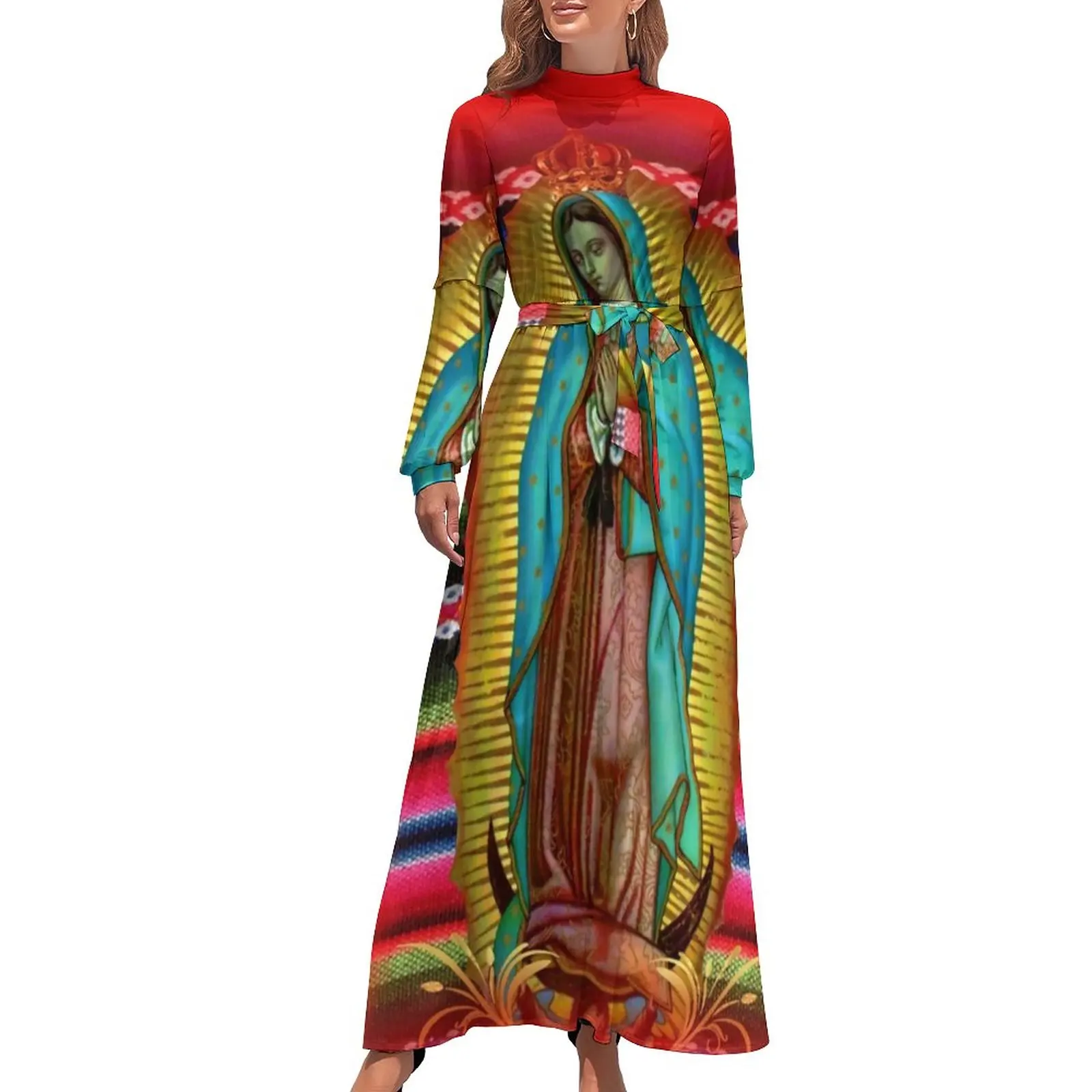 Virgin Mary Dress Our Lady of Guadalupe Sexy Printed Maxi Dress High Waist Long Sleeve Basic Beach Long Dresses