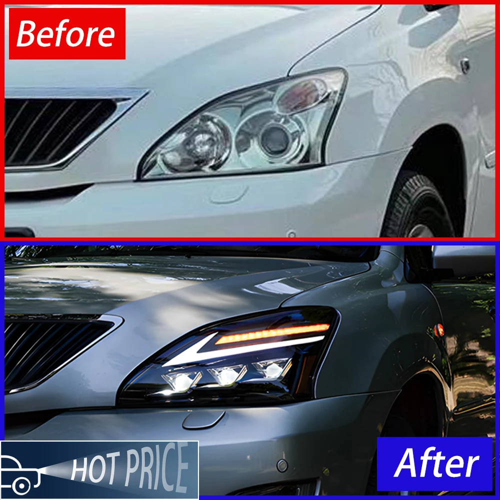 

Для Lexus Rx 2003-2008 автоматические передние фонари в сборе, обновленные светодиодные автомобильные фары, анимация запуска, 3 линзы проектора, инструменты, аксессуары