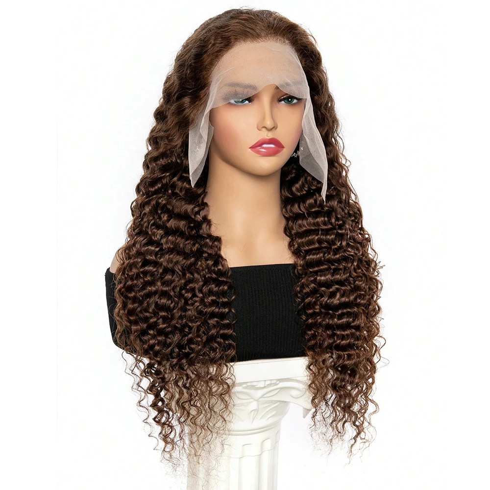 

Шоколадно-коричневый водный глубокий волнистый парик фронта шнурка 13X4 13x6 парики фронтальной части шнурка человеческих волос предварительно сорванные вьющиеся цветные парики