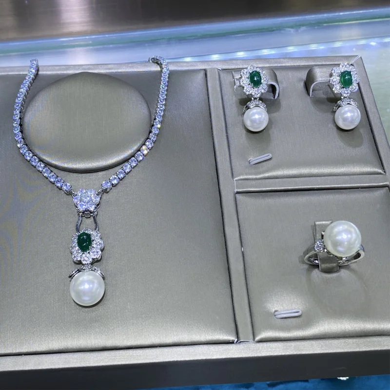 Natural Agate Chalcedony Shell Beads Comparable to Pearls Full Diamond Open Ring for Women Versatile Pendant Earrings Set