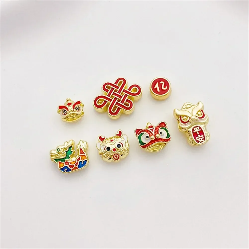 New Year's 14K Gold-wrapped Auspicious Lion Dance Chinese Knot Bead DIY Bracelet Necklace Jewelry Material Accessories