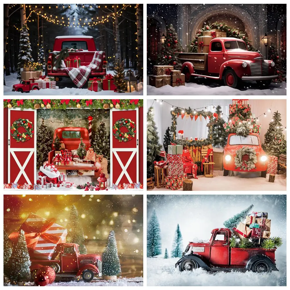 

Winter Christmas Red Car Backdrop for Photography Gift Xmas Trees Family Kids Portrait Photocall Background Photo Studio Props