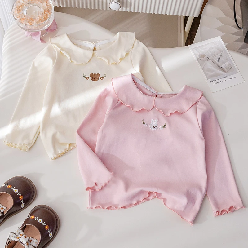 Girls' clothes Girl's fungus lace base shirt cute bunny embroidery long sleeved T-shirt baby spring and autumn new versatile top