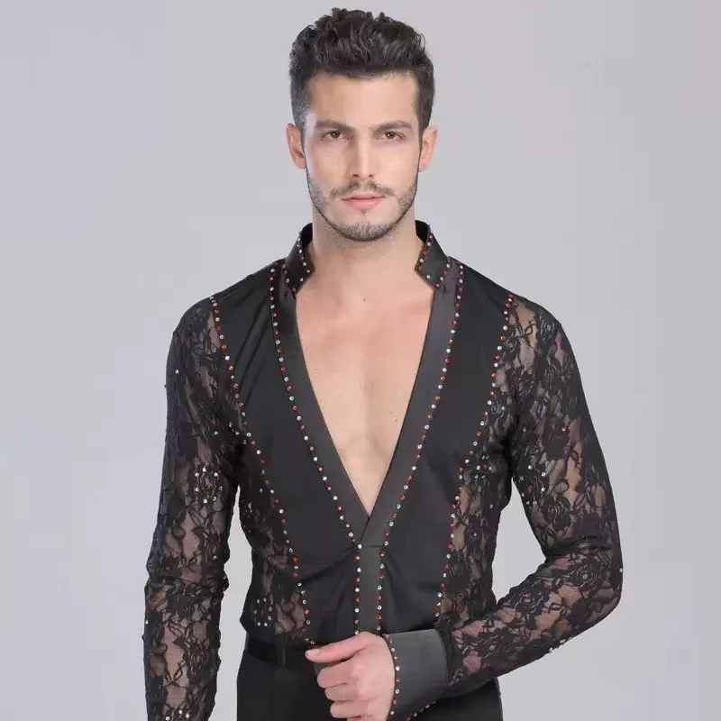 Men's Lace V-Neck Latin Dancewear Adult Long-Sleeve Latin Dance Top with Rhinestones for Competition and Performance