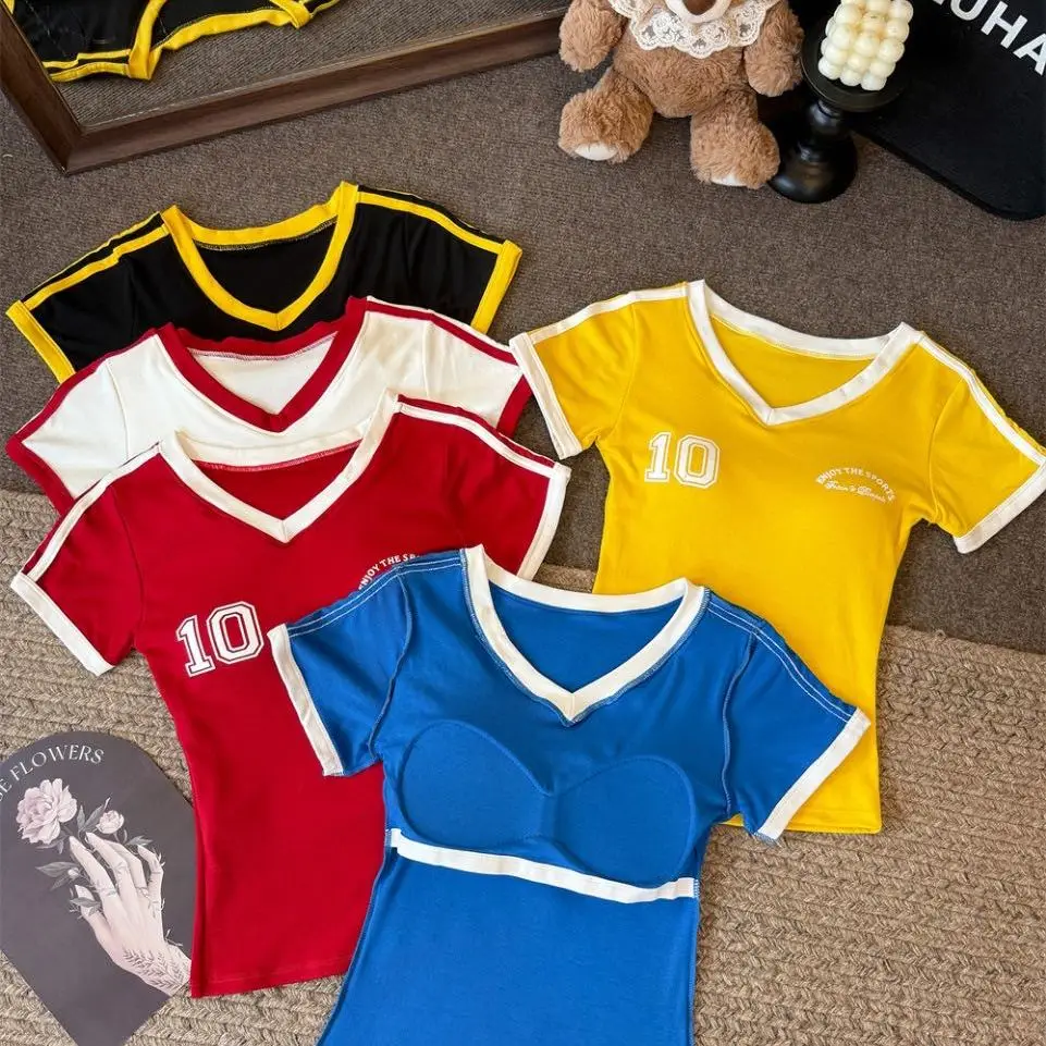 Summer New Style Women's Slim Fit Short Sleeve T-Shirt V-Neck Print Integrated Comfortable Breathable Fashionable Casual