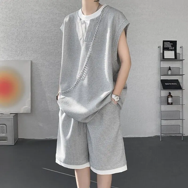 

Men's Summer Lightweight Pseudo Two Piece Sportswear Set Casual Loose Fit Vest and Shorts Combo Trendy Styling Complete Outfit