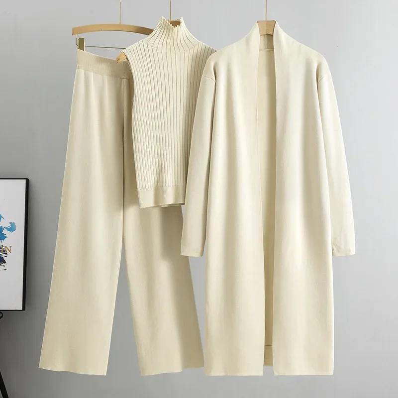 Autumn Winter 3 Piece Set Women Cardigan Tracksuits Fashion Elegant Knitted Pant Set Ladies Sweater Suit Wide Leg Pants Clothing view 6