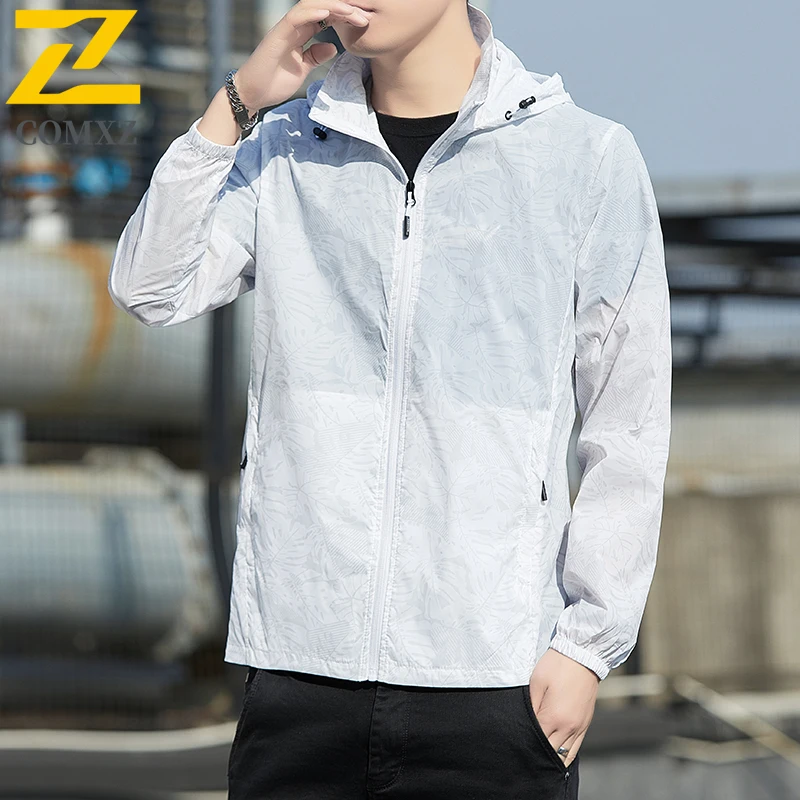 

New Summer Hooded Windbreaker Men's UPF50+ Anti-UV Waterproof Ice Silk Sunscreen Suit Hiking Camping Thin Zipper Pocket Jacket