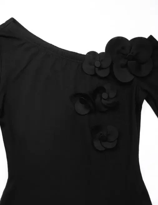 

Sexy Spicy Girl Bodysuits Three-Dimensional Flower Slanted Collar Single Shoulder Suspender Long Sleeve Tight Jumpsuit for Women