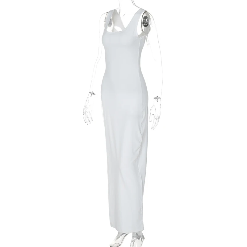 Sexy Sleeveless Side High Split Midi Dress Backless Women's Summer Party Club Streetwear Y2K Style Solid Color