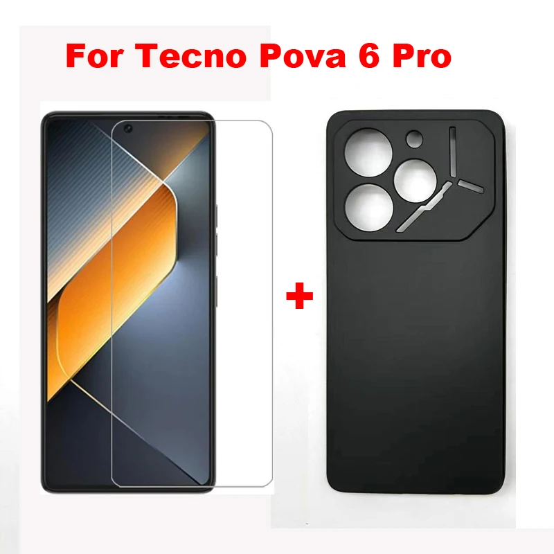 2in1 Tempered Glass For Tecno Pova 6 Pro LI9 Silicone Case Transparent Phone Cover For Tecno Pova 6 Pro 6pro 5G Screen Protector