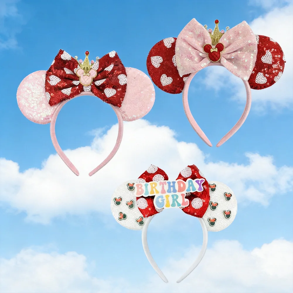 Love Heart Mickey Mouse Ear Headbands with Bow Sequin Cartoon Headbands Cosplay Costume Party Christmas Halloween for Girl Women - view 3