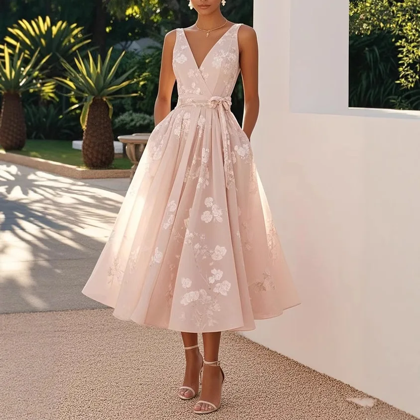 

2025 Sexy V-neck Halter Evening Dress Women Fashion Hight Waist Solid Lace A-Line Dress Elegant Sleeveless Slim Long Dress