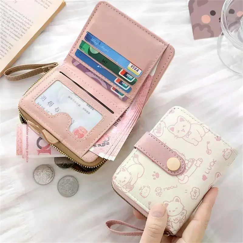 لطيف القط بو الجلود محفظة نسائية للعملات المعدنية المرأة موضة محفظة قصيرة للطي سستة المحفظة حامل بطاقة الهوية السفر خفيفة الوزن أكياس العملات النقدية #4