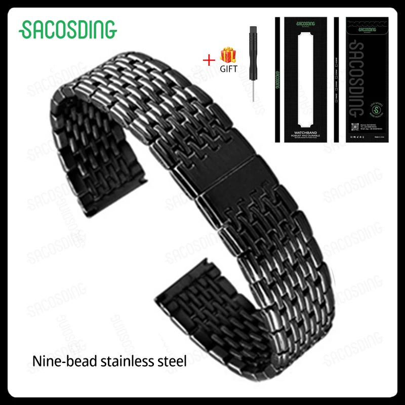 【SACOSDING】Nine-Bead Stainless Steel Watch With Band Accessories Steel Watch Solid Strap Safety Fasteners 18mm 20mm 22mm（Black）