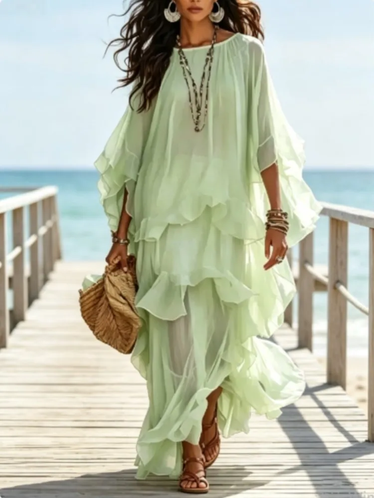 Damen Casual Maxikleid mit O-Ausschnitt, Fledermausärmeln, Rüschen, Stufenrock, locker fallendes langes Kleid, Bohemian-Strandkleid, Urlaubsoutfit für Damen, Abendkleid