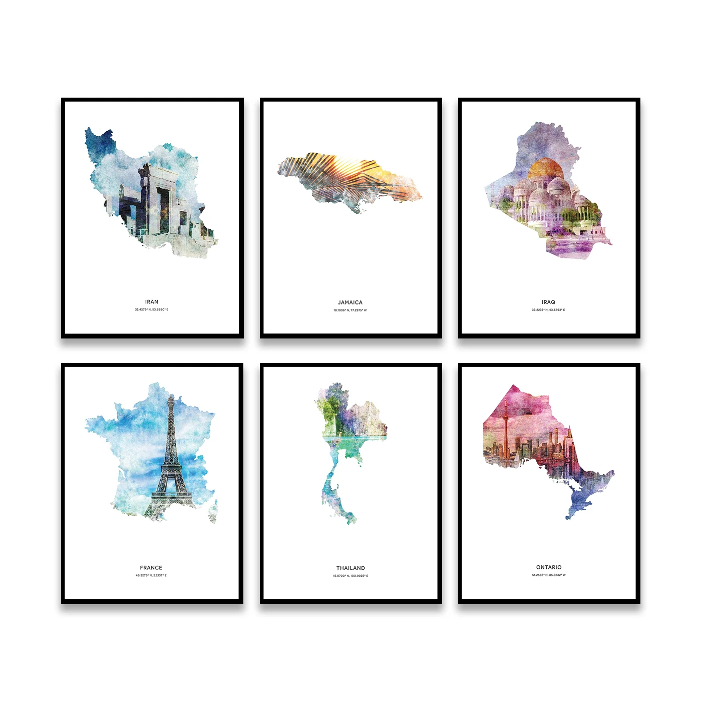 Онтарио Сальвадор Таиланд Великобритания Франция Nova Scotia Ямайка Ирак Иран Нью-Йорк Индия. Плакат с картой путешествия города